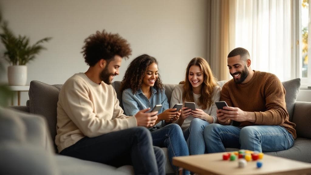 Friends on a couch playing Ludo together on their phones